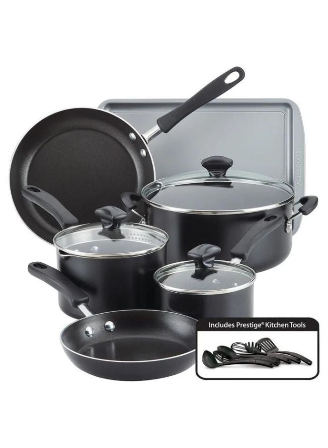 Farberware Cookstart Diamond Max Nonstick Cookware | Pots and Pans Set with Glass Lids | Non-Stick Cookware Set 15 Piece - Pewter