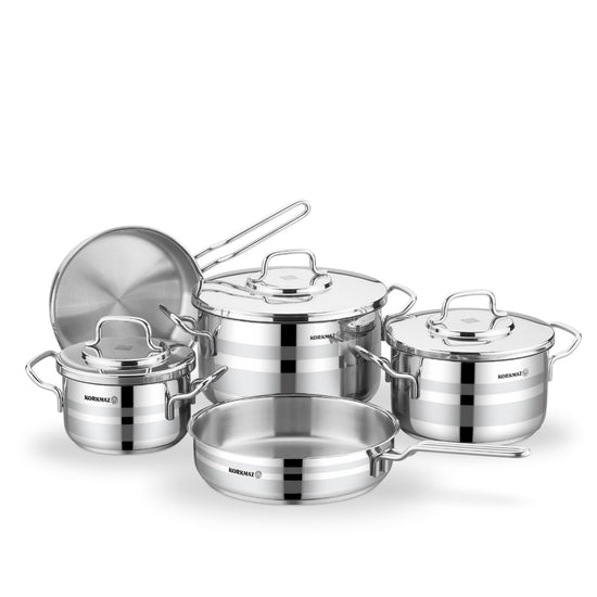 Korkmaz Astron 8 Pcs Cookware Set | Stainless Steel Pots and Pans Set | Inductions Compatible Tri-Ply Bottom Cooking Set | Silver - KA2055
