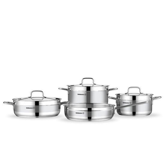Korkmaz Alfaron 7 Pcs Stainless Steel Cookware Set | Industion Compatible Tri-Ply Bottom Pots and Pans Set | Silver - KA1954