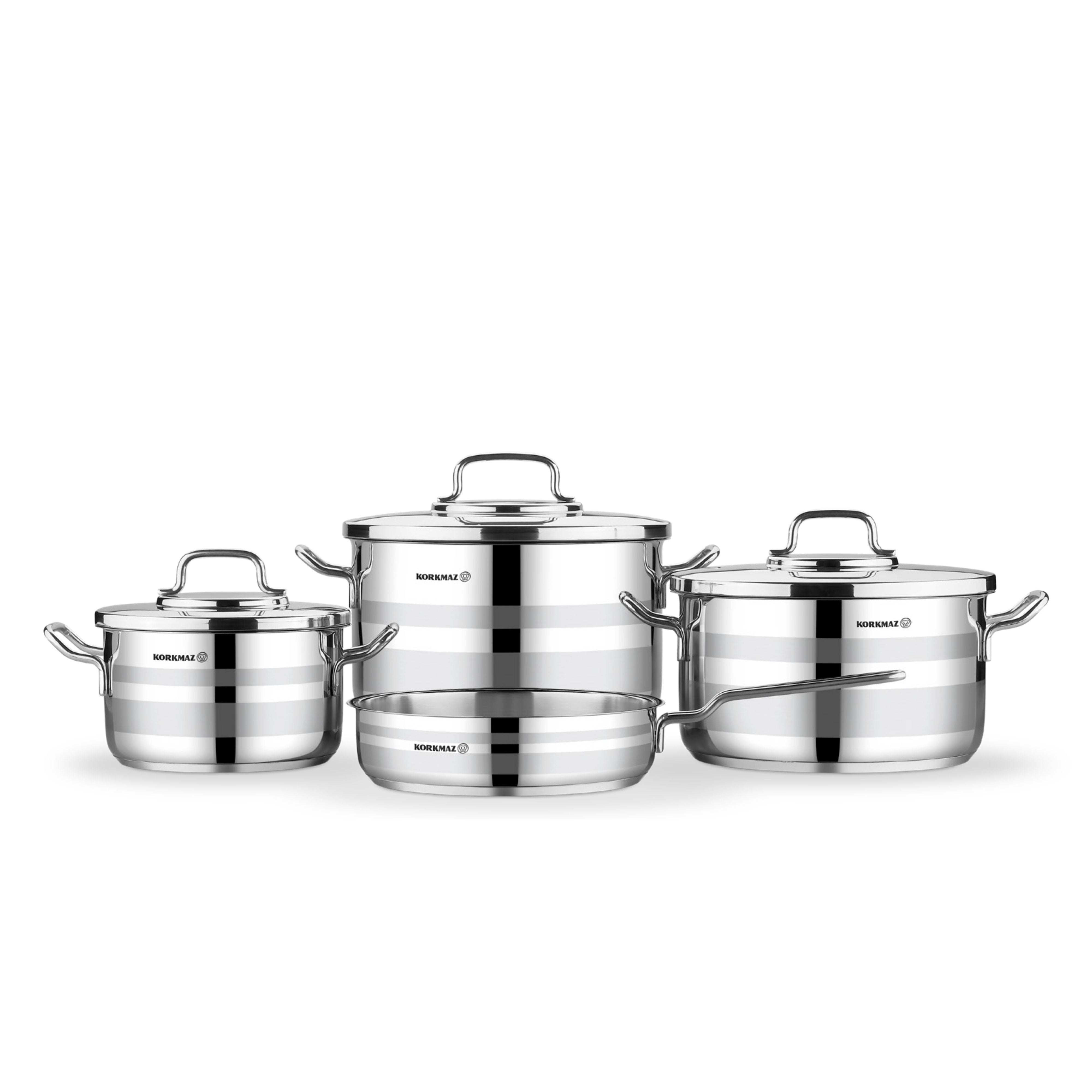Korkmaz Astron 7 Pcs Cookware Set | Stainless Steel Pots and Pans Set | Inductions Compatible Tri-Ply Bottom Cooking Set | Silver - KA2054