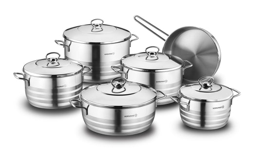 Korkmaz Astra 11 Pcs Stainless Steel Cookware Set | Turkish Induction Compatible Tri-Ply Bottom Pots and Pans Set | Silver KA1090