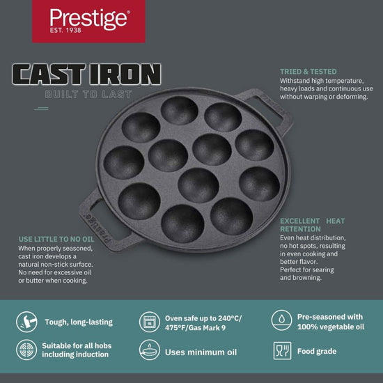 Prestige Cast Iron Pre-Seasoned Duel Handle Appam Pan 26 CM | PR48908