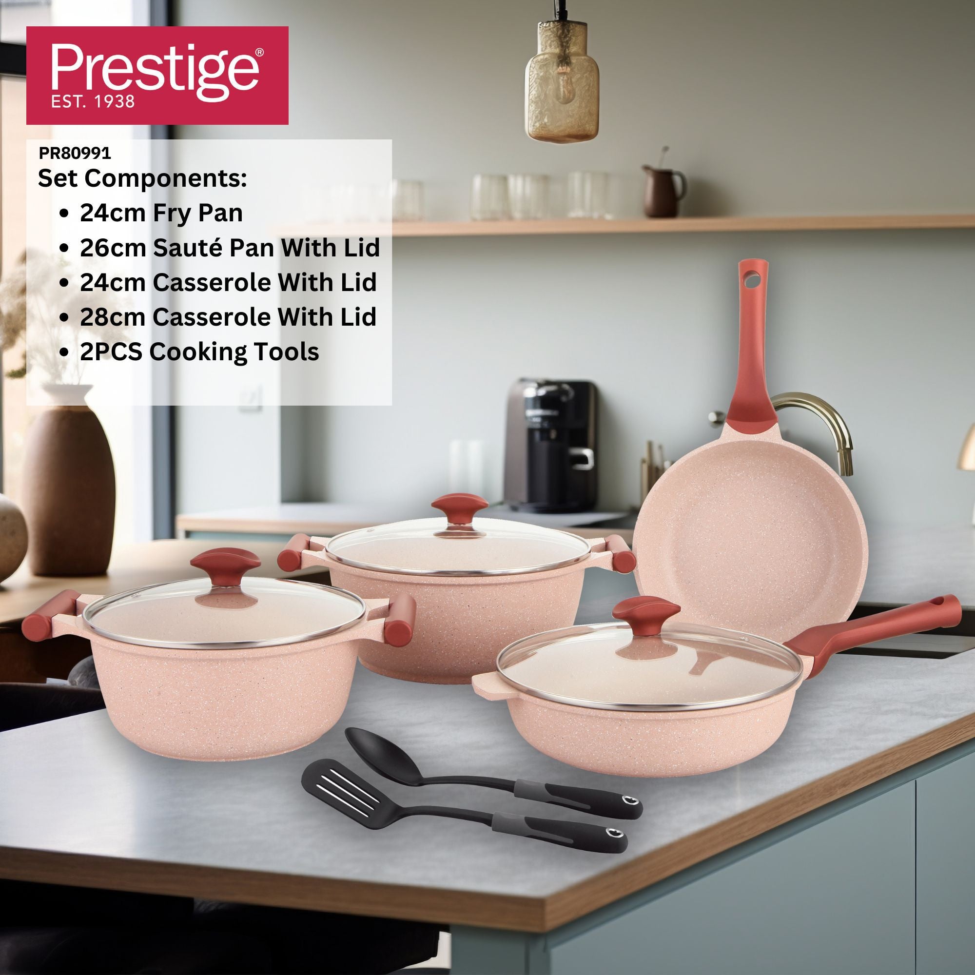 Prestige Essentials 9pcs Pots and Pans Set | Nonstick Cookware Sets | Granite Pots Set | Kitchen Induction Pots and Pans Cooking Sets | Pan Sets for Cooking | Pink - PR80991