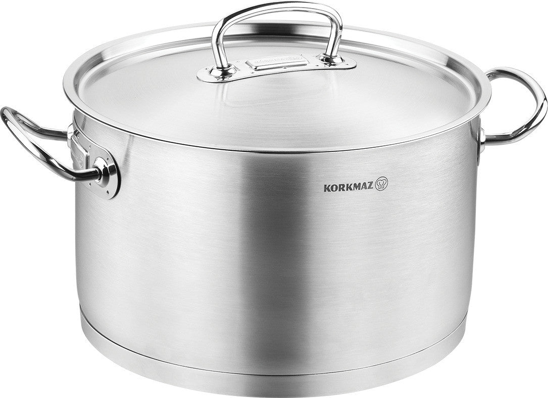 Korkmaz Proline Stainless Steel Casserole 28X17 cm / 10.2 l | Induction Compatible Tri-Ply Bottom Cooking Pot with High Profile Lid and Handles | Silver - KA1163
