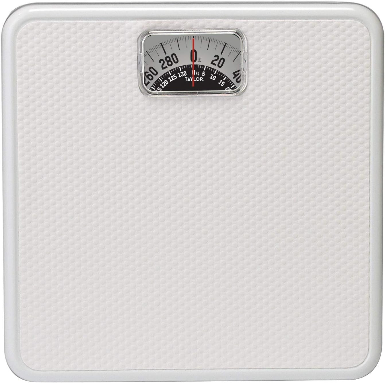 Taylor Analog Bathroom Scale | 300 lb Capacity with Rotating Dial | Durable Metal Platform with White Textured Mat | Easy-to-Clean 10" x 10" Design – White (Model: EL20004014EXP)