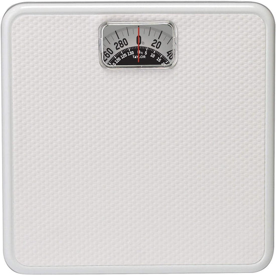 Taylor Analog Bathroom Scale | 300 lb Capacity with Rotating Dial | Durable Metal Platform with White Textured Mat | Easy-to-Clean 10" x 10" Design – White (Model: EL20004014EXP)