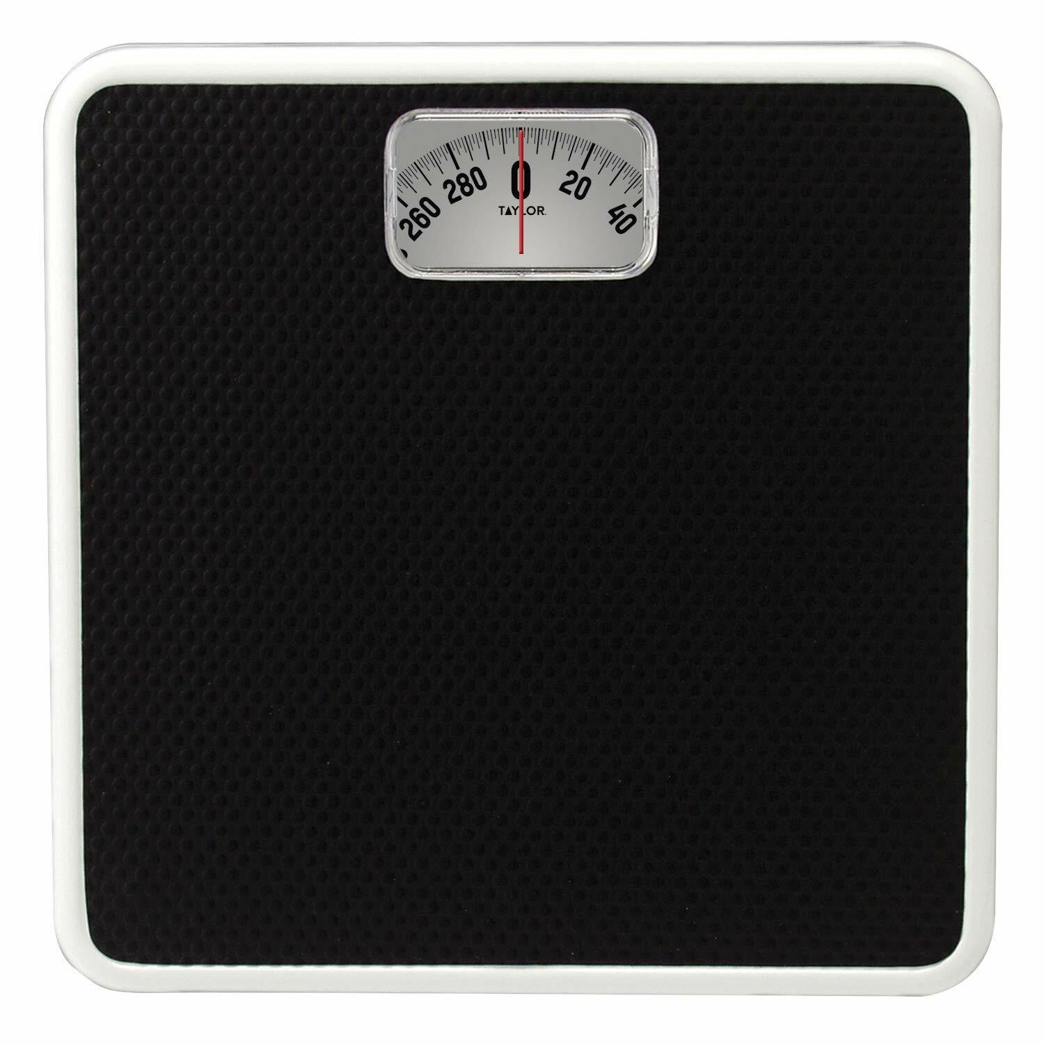 Taylor Analog Bathroom Scale | 300 lb Capacity with Rotating Dial | Durable Metal Platform with Black Textured Mat | Easy-to-Clean 10" x 10" Design – Black (Model: EL20005074EXP)