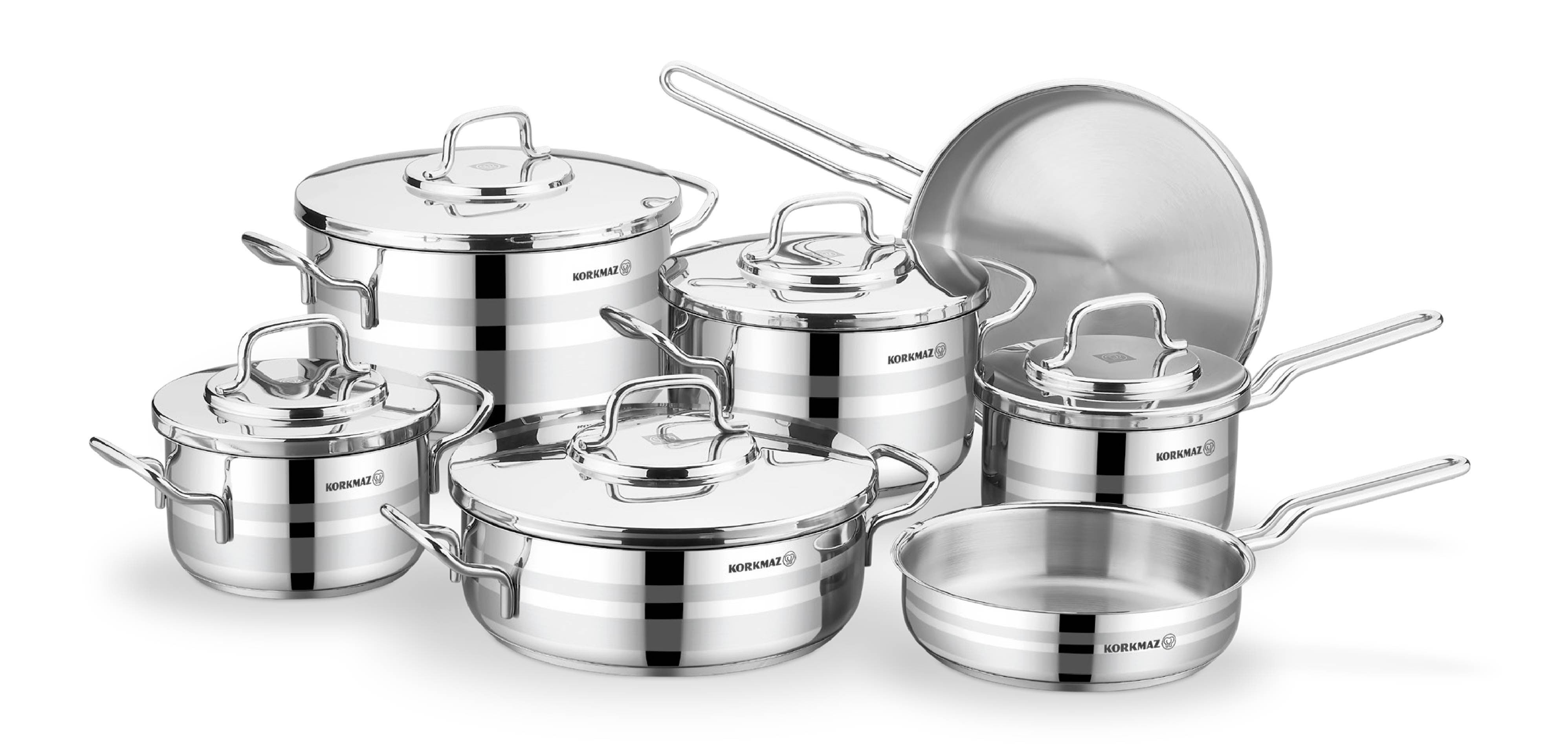 Korkmaz Astron 12 Pcs Cookware Set | | Stainless Steel Pots and Pans Set | Inductions Compatible Tri-Ply Bottom Cooking Set | Silver - KA2056