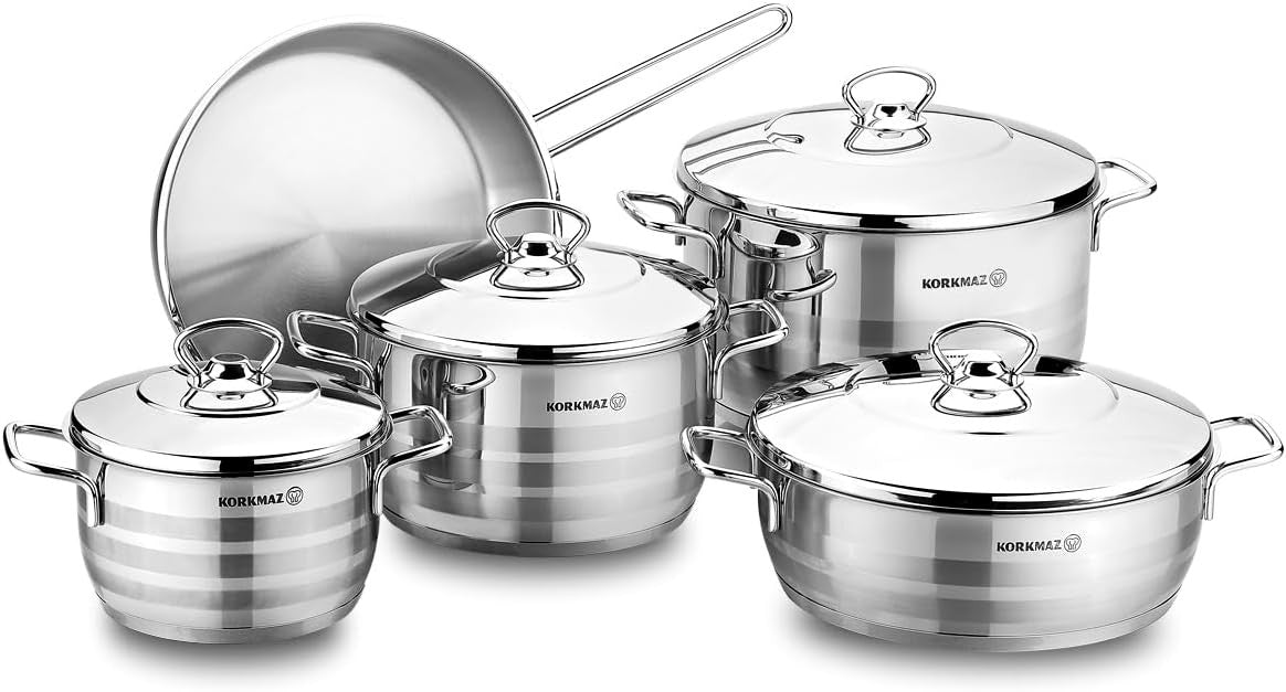 Korkmaz Astra 9 Pcs Stainless Steel Cookware Set | Induction Compatible Tri-Ply Bottom Pots and Pans Set | Silver - KA1900