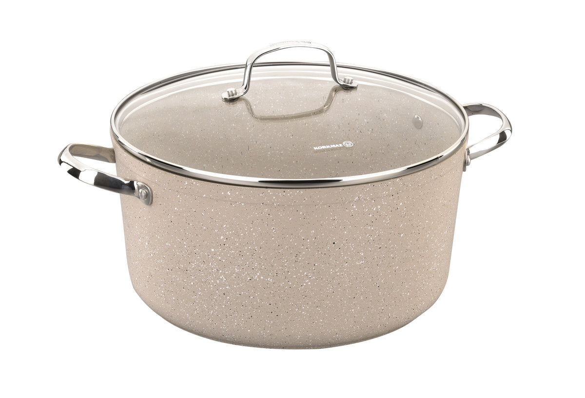 Korkmaz Granita Forged Aluminium Casserole 20x10.5cm / 3.0L | Granite Coating Induction Base Cooking Pot | Aluminum Soup Pot With Glass Lid - KA1260
