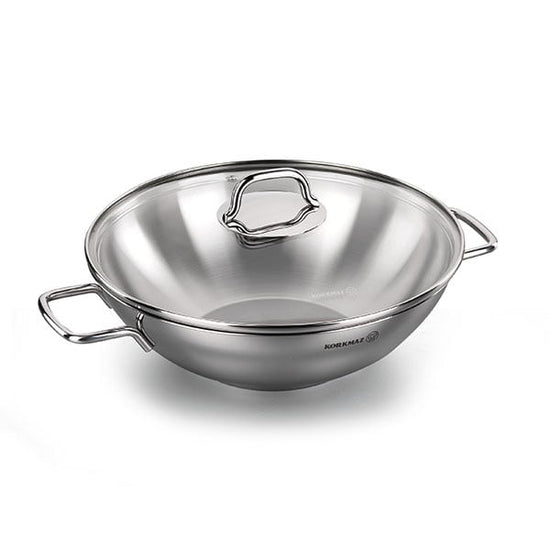 Korkmaz Perla Wok with Lid 28x8.5 cm | Stainless Steel Induction Compatible Tri-Ply Bottom Wok | KA1519