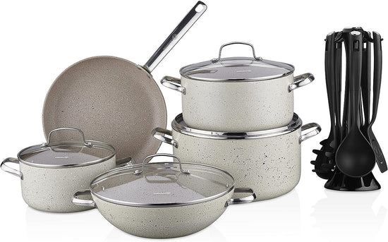 Korkmaz Granita 2xl 15 Pcs Cookware Set | Granite Coated Cast Aluminium Cooking Sets | Induction Compatible Cookware Pots and Pans Set | Black - KA2682