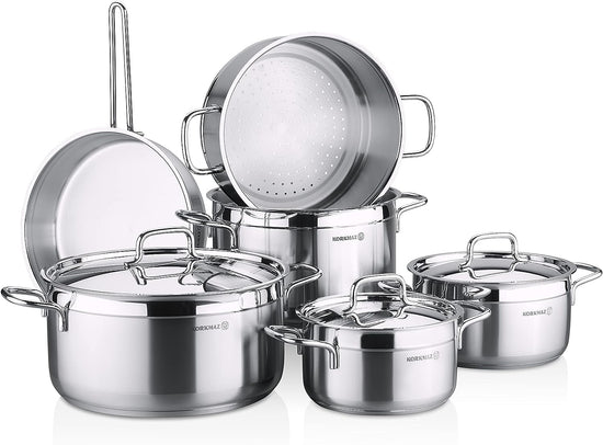 Korkmaz Alfa Plus Couscous 10 Pcs Stainless Steel Cookware Set | Induction Compatible Tri-Ply Bottom Pots and Pans Set | Silver - KA1998