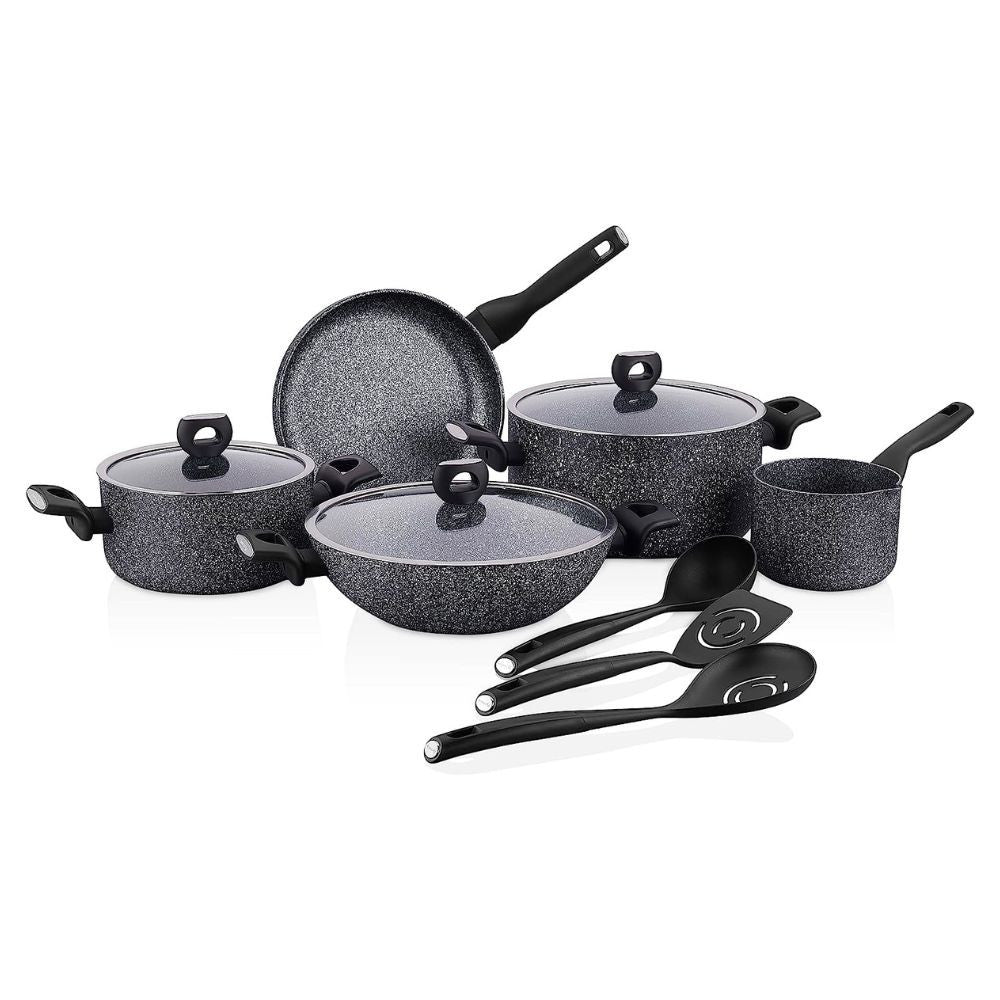 Korkmaz Nora Plus 11 Pcs Cookware Set | Granite Coated Cast Aluminium Cooking Set | Inductions Compatible Pots and Pans Set | Black - KA2681