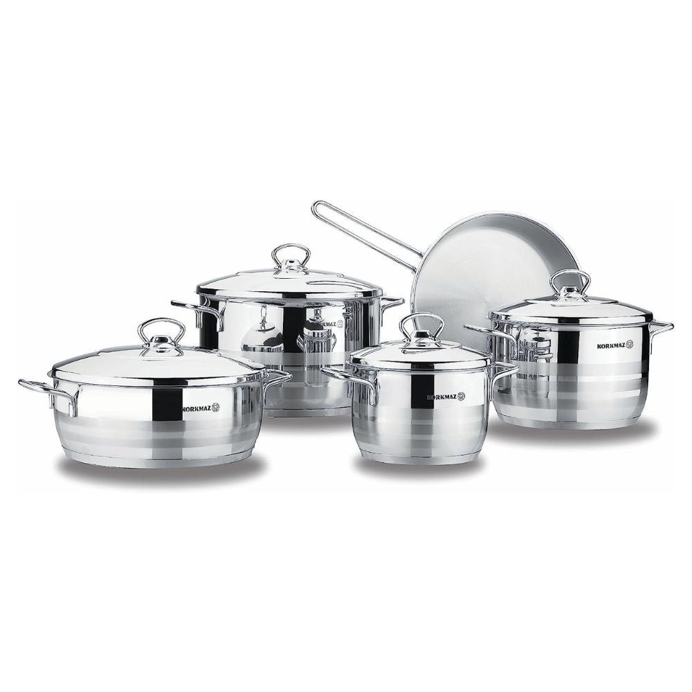 Korkmaz Astra 9 Pcs Stainless Steel Cookware Set | Induction Compatible Tri-Ply Bottom Pots and Pans Set | Silver -  KA2020