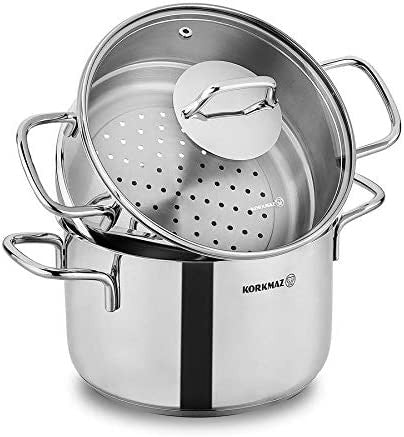 Korkmaz Perla Satinless Steel Couscous Set | Induction Compatible Tri-Ply Bottom Pot 24x15.2 cm / 6.9 lt | Couscous Pot 24x11.7 cm / 5.2 lt | Silver - KA1522