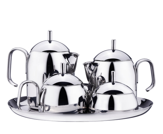 Korkmaz Pera 9 Pcs Tea & Coffee Set | Stainless Steel with Tray, Teapot, Coffee Pot, Milk Bowl, and Sugar Bowl | Silver - KA280