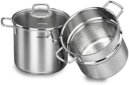 Korkmaz Perla Stainless Steel Spaghetti Cookware Set | Pot  20x18 cm / 5.6 lt | Pasta Pot  20x17.5 cm / 5.1 lt | Induction Compatible Tri-Ply Bottom Pots and Pans Set | Silver -KA1523