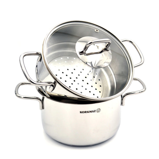 Korkmaz Perla Satinless Steel Steam Pot Set | Induction Compatible Tri-Ply Bottom Pot 20x12cm / 3.8l | Steam Pot: 20x10 cm / 2.5L | Silver - KA1521