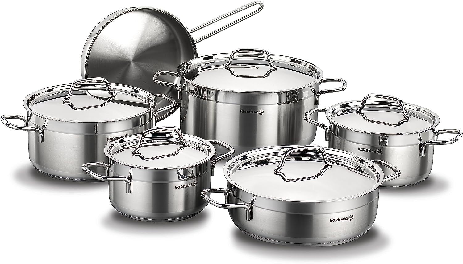 Korkmaz Alfa Plus 11 Pieces Stainless Steel Cookware Set | Induction Compatible Tri-Ply Bottom Pots and Pans Set | Silver - KA1610