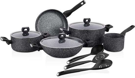 Korkmaz Cortina Plus 11 Pieces Forged Aluminum Cookware Set | Granite Coated Cookware Sets | Induction Compatible Cookware Pots and Pans Set | Black - KA2684