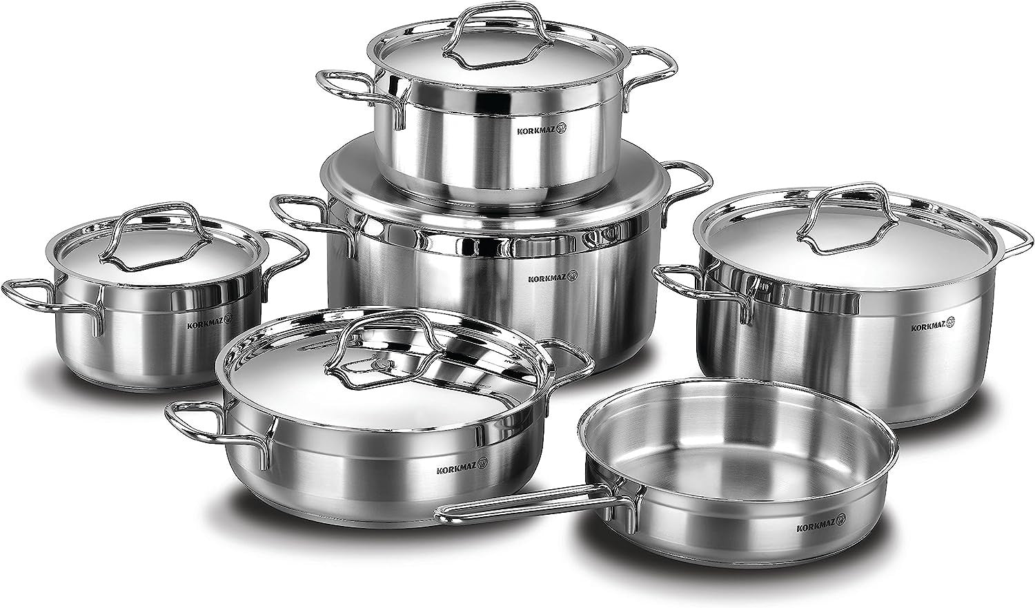 Korkmaz Alfa XL 11 Pieces Stainless Steel Cookware Set | Induction Compatible Tri-Ply Bottom Pots and Pans Set | Silver -KA1641