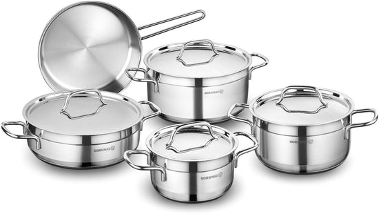 Korkmaz Alfa 9 Pieces Stainless Steel Cookware Set | Induction Compatible Tri-Ply Bottom Cookware Pots and Pans Set | Silver - KA1660