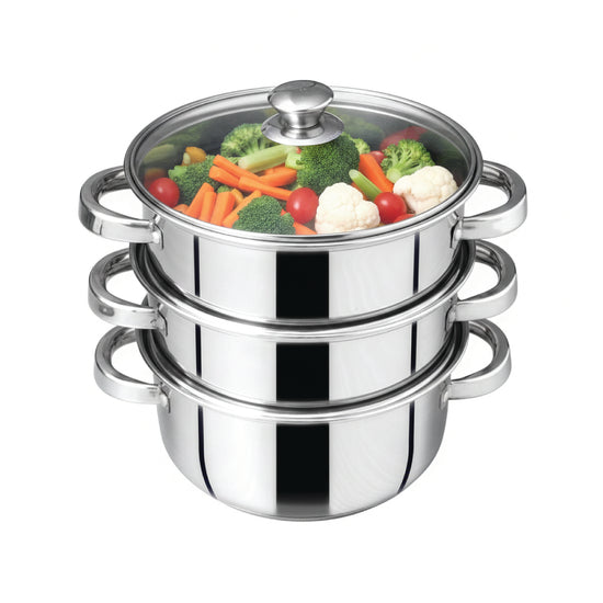 Winsor 3 Tier Stainless Steel Induction Steamer with Steam Vent Glass Lid 24CM (3.8 Ltr Capacity) | WR80843