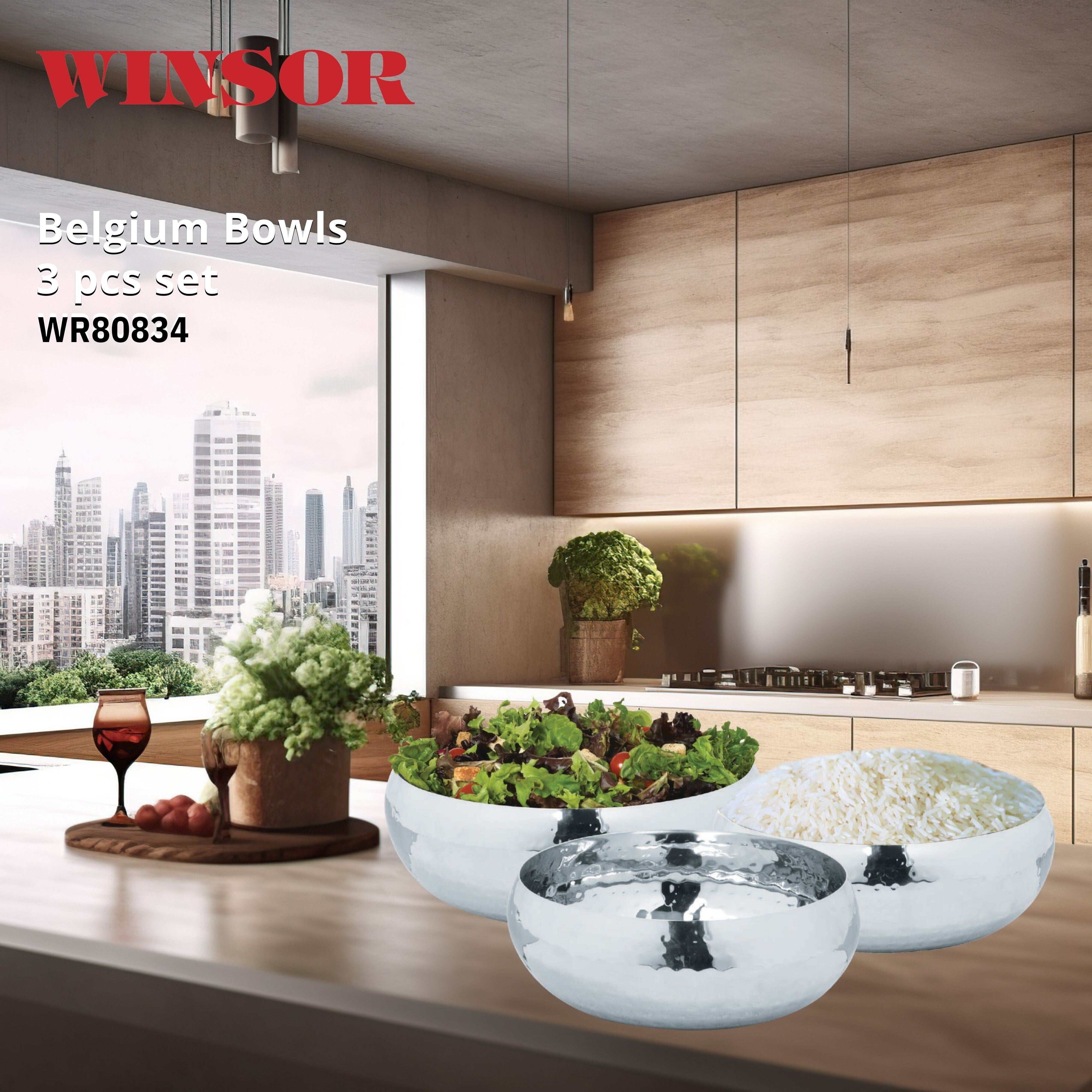 Winsor Multifunction Belgium Bowls 3 pcs Set | Mixing Bowls for Kitchen | Sturdy Pasta Bowl Set - WR80834