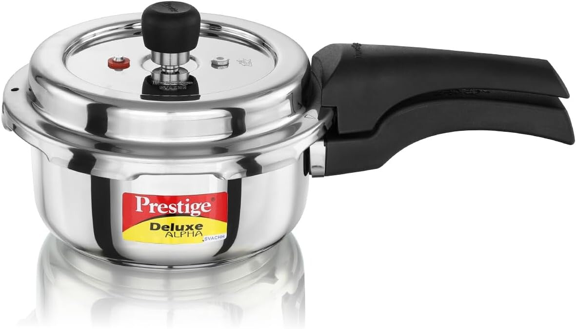 Prestige 2 Litre Stainless Steel Deluxe Alpha Svachh Outer Lid Pressure Cooker | Deep Lid for Spillage Control | TRIPLY Base | Gasket Release System
