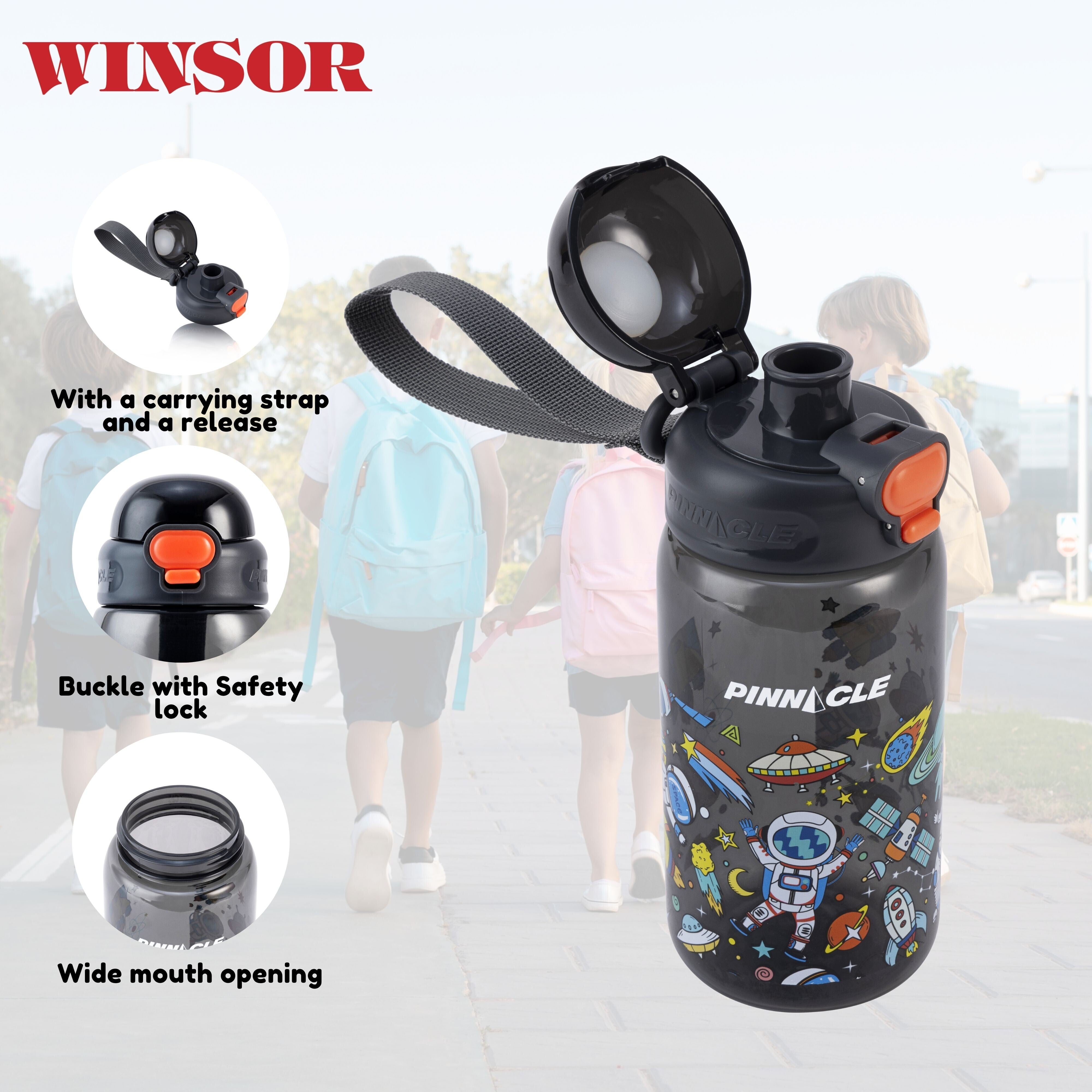 Pinnacle Promist Water Bottle for Kids With Straw & carrying strap - 600ML - Grey | WPHY O-1023