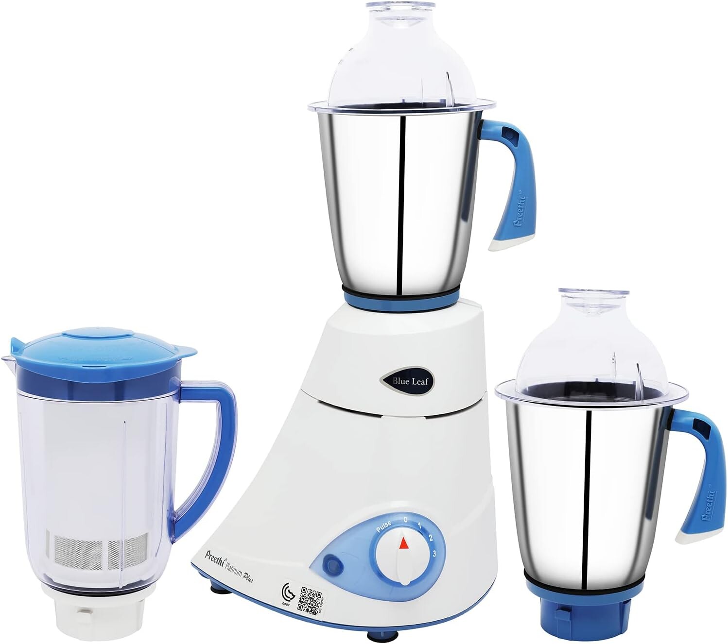 Preethi Blue Leaf Platinum Mixer Grinder 750.0 W | Multifunctional Grinder with Stainless Steel Jars & Blades | MG-139/09 White/Blue/Clear