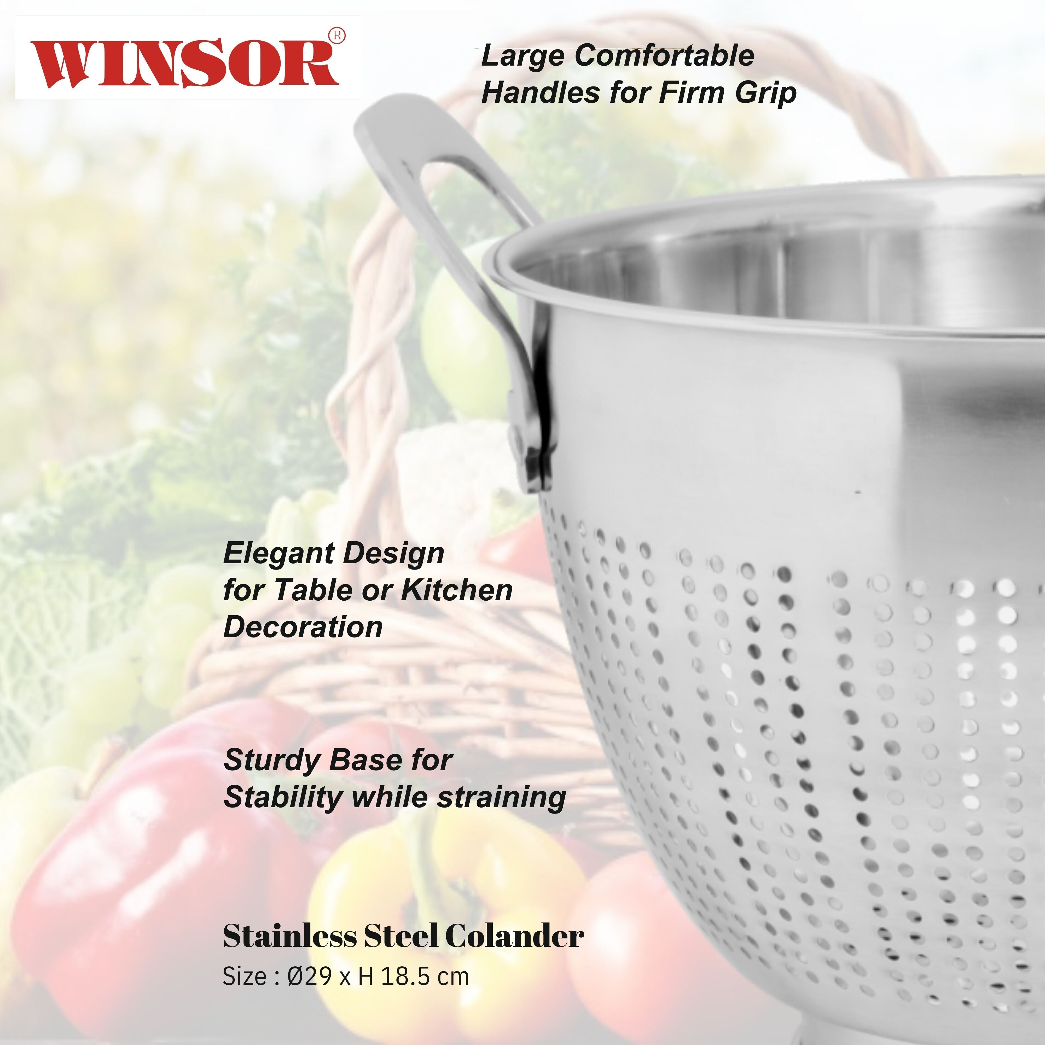 Winsor 29 Cm Stainless Steel Colander | Strainer Basket with Handle Vegetable Washing Filter Basket | Fruit Vegetable Washing Bowl Metal Sink Strainer Mesh Colander Drain Net Basket | WR80837