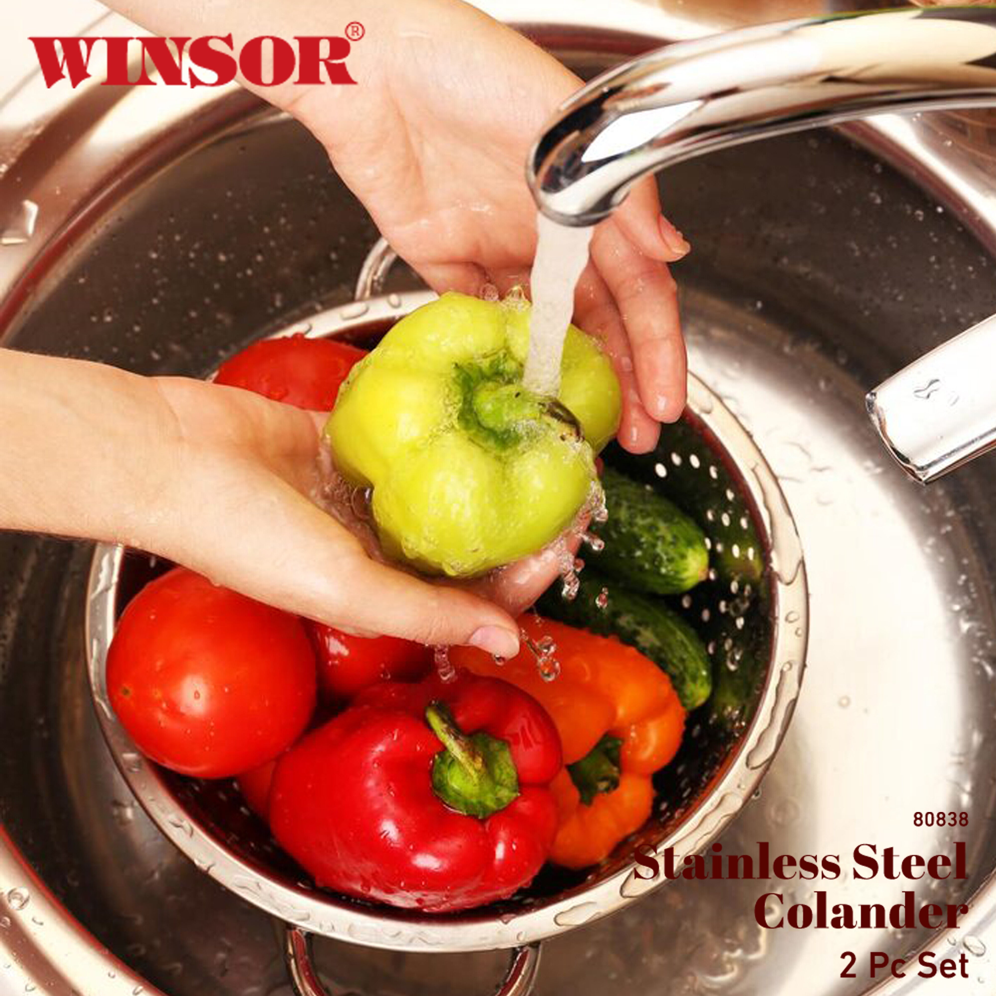 Winsor 2Pc Stainless Steel Colander | Strainer Basket with Handle Vegetable Washing Filter Basket Set 25Cm & 21m | Fruit Vegetable Washing Bowl Set | WR80838