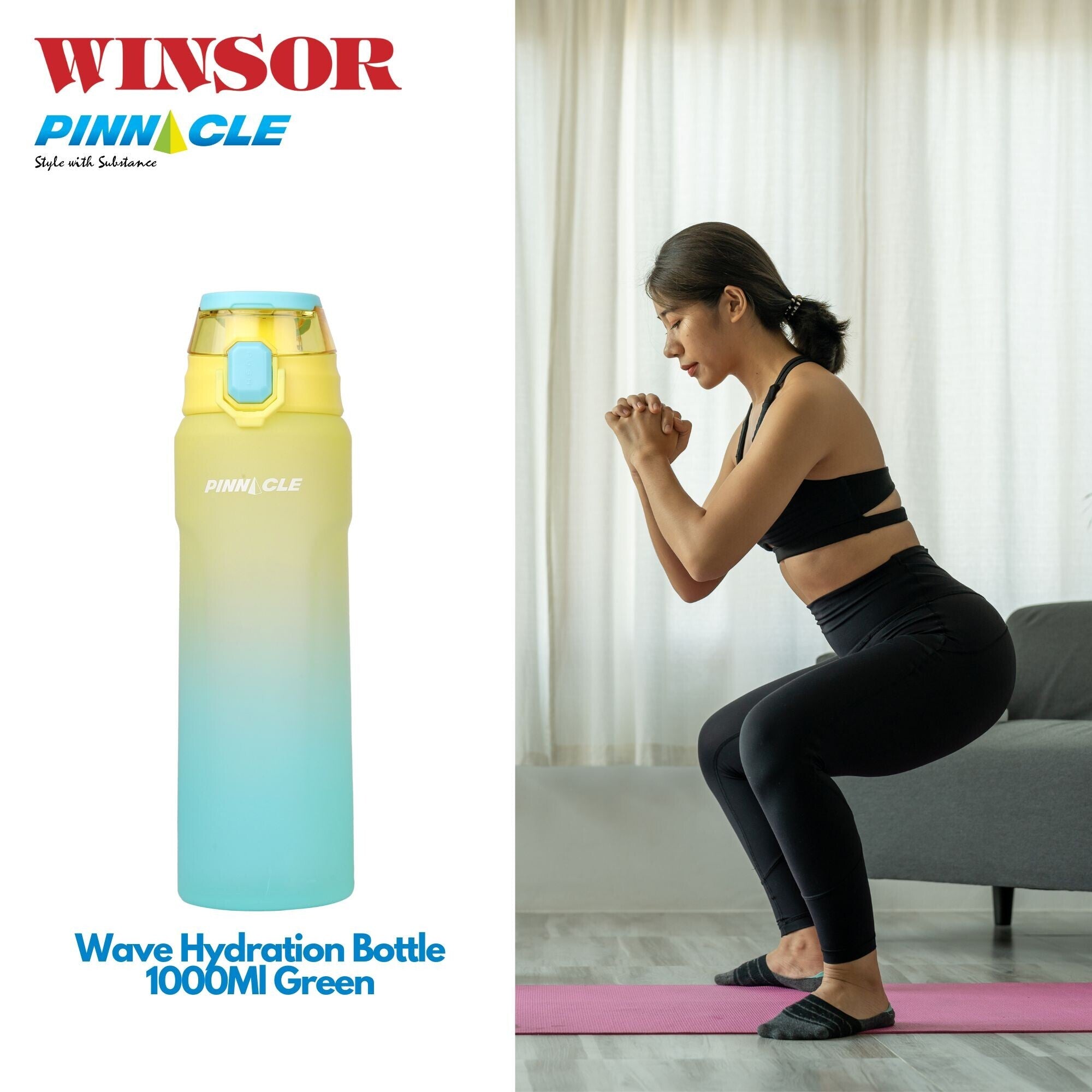 Winsor Pinnacle Wave Hydration Leak-Proof Water Bottle 1000 Ml | Green - WPHY-G-1017