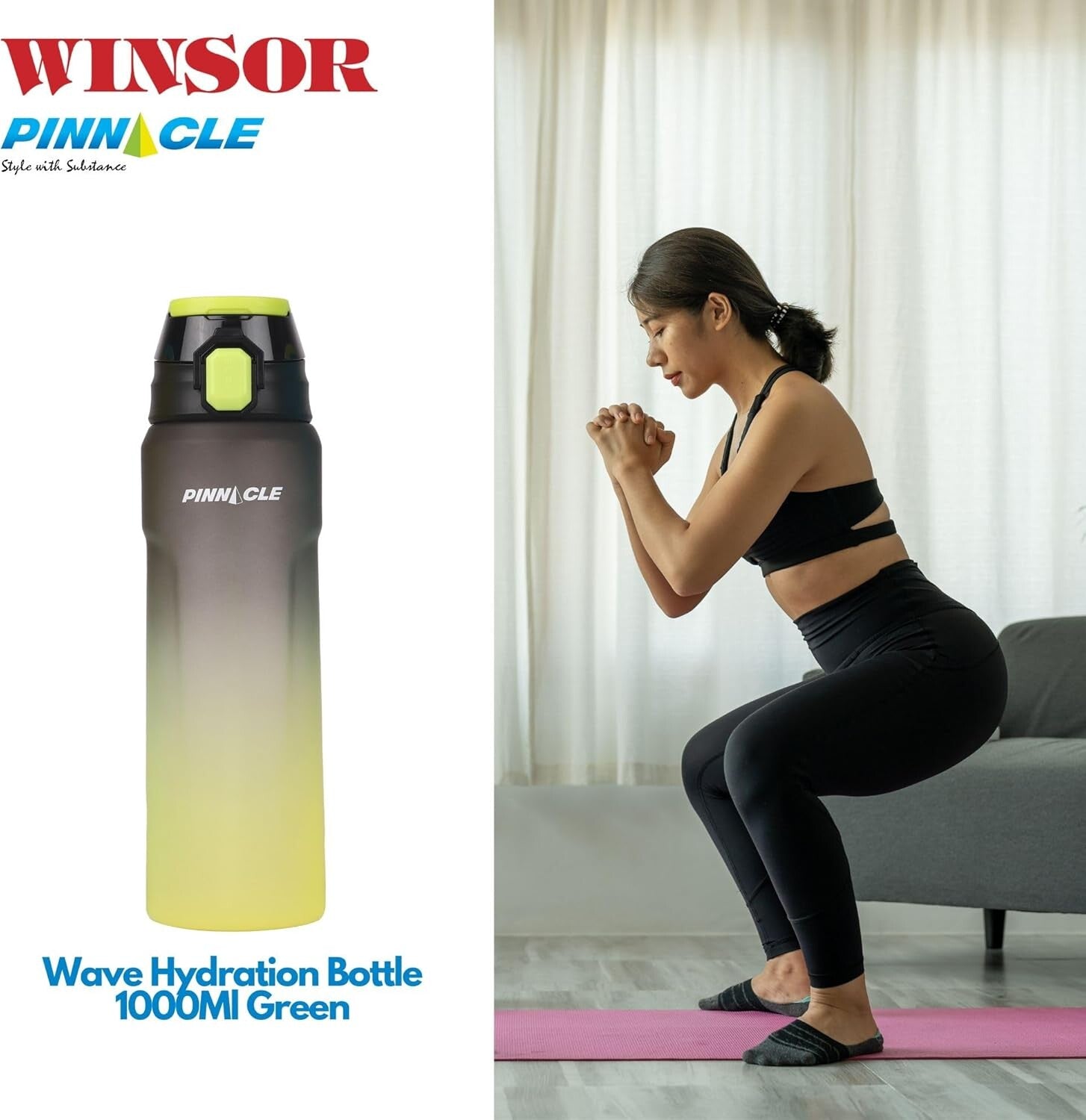 Winsor Pinnacle Wave Hydration Leak-Proof Water Bottle 1000 Ml | Black - WPHY-BL-1018