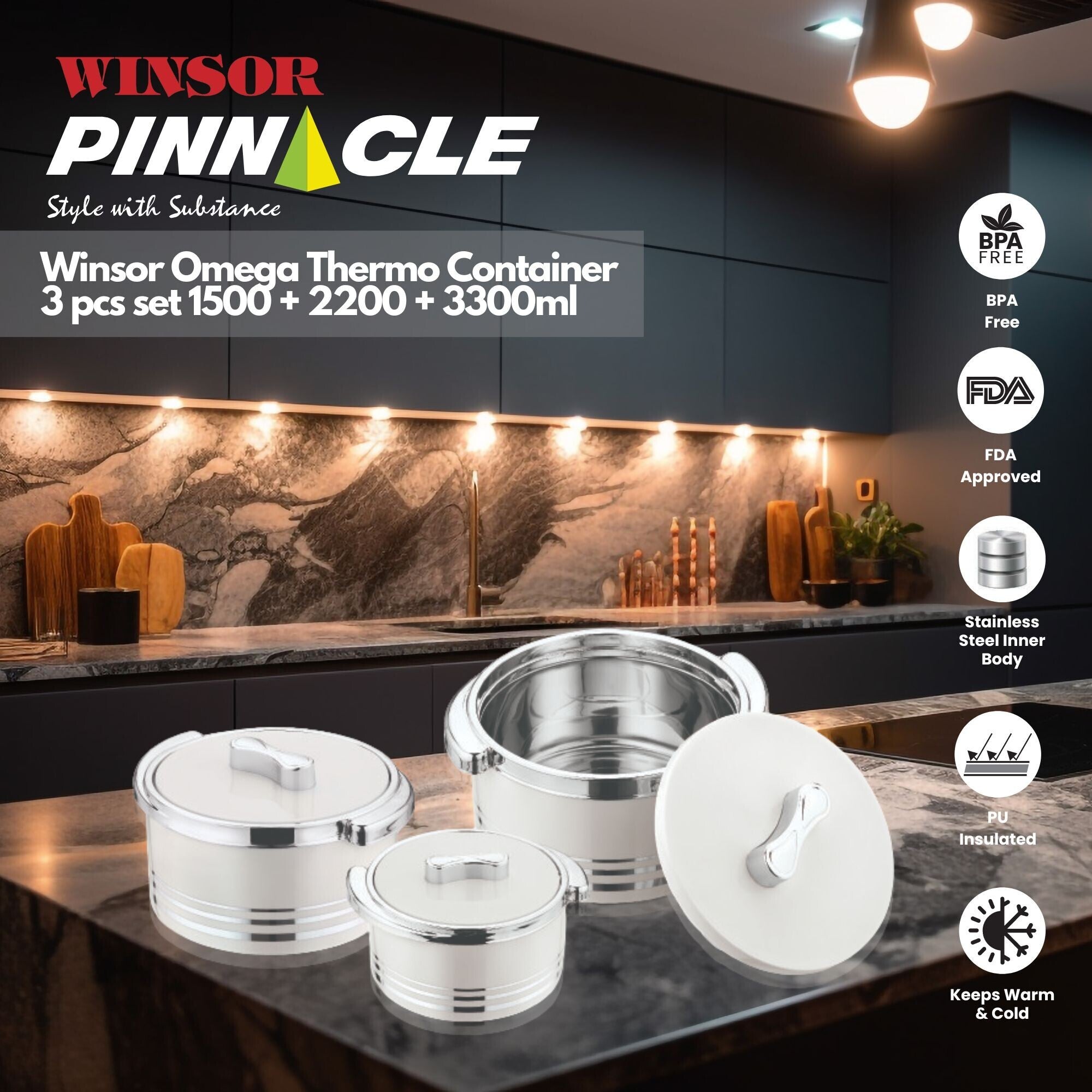 Winsor Omega Thermo Stainless Steel Insulated Casserole 3 pcs set 1500 + 2200 + 3300m | Silver - WPY3009