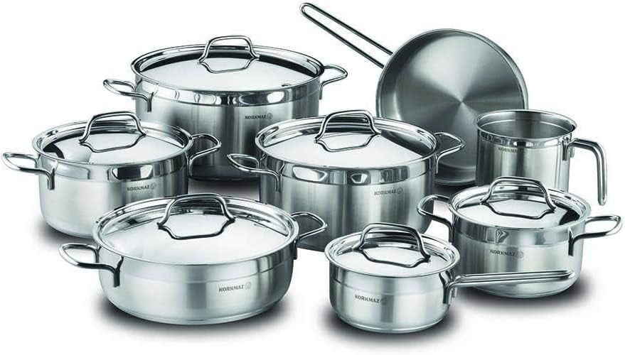 Korkmaz Alfa Grande 14 Pieces Stainless Steel Cookware Set | Stainless Steel Induction Compatible Tri-Ply Bottom Pots and Pans Set | Silver - KA1089