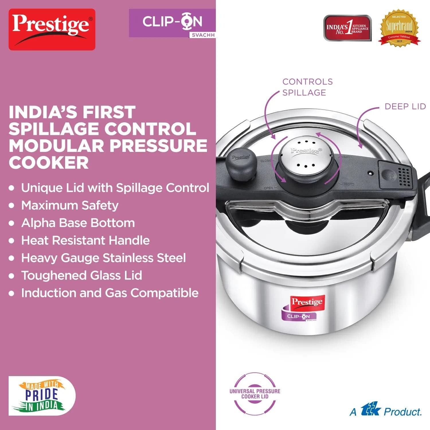 Prestige Clip on Svachh Stainless Steel 5L pressure Cooker | MPC20230