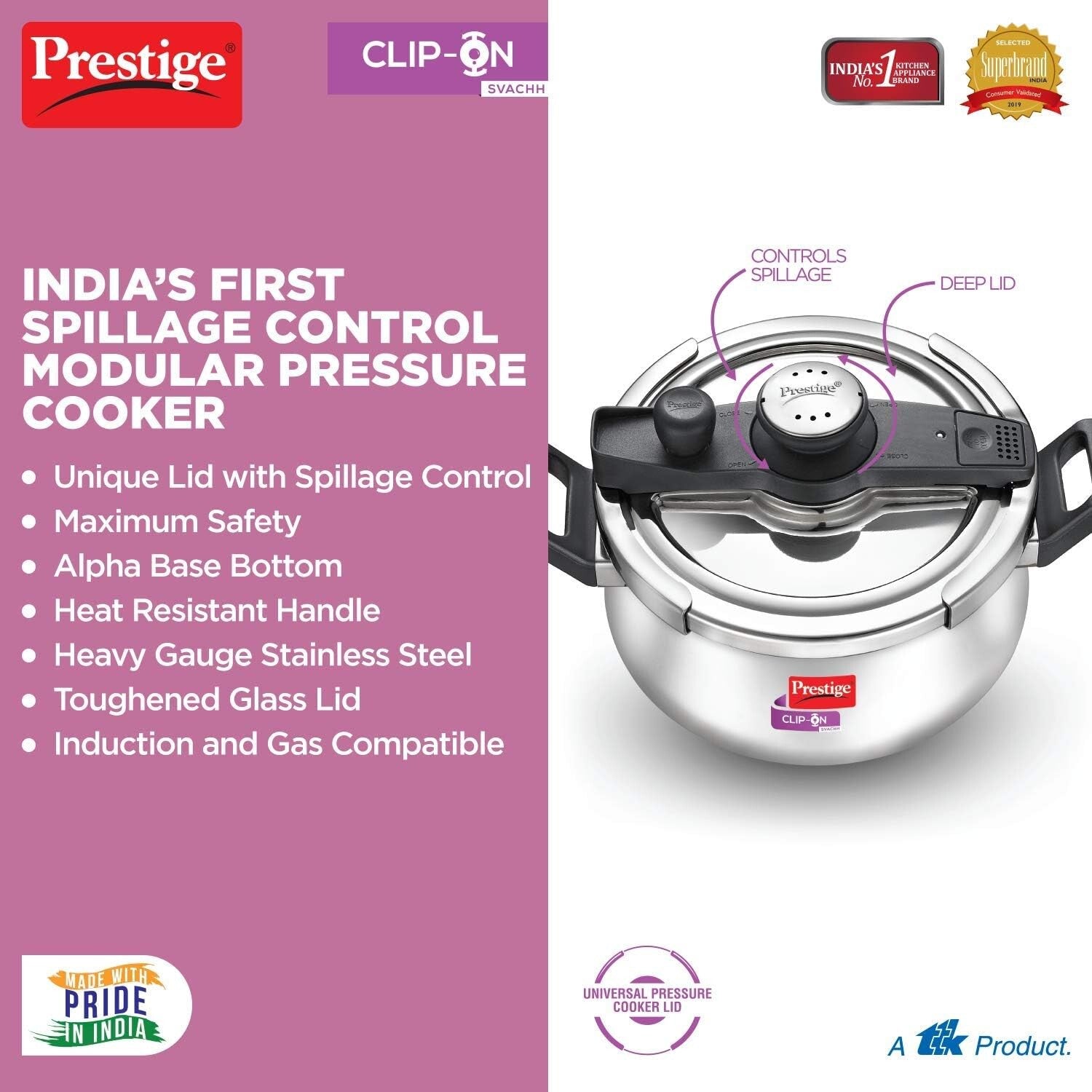 Prestige Svachh Clip-on 5 Litre Stainless Steel Pressure Cooker Handi | MPCH20233