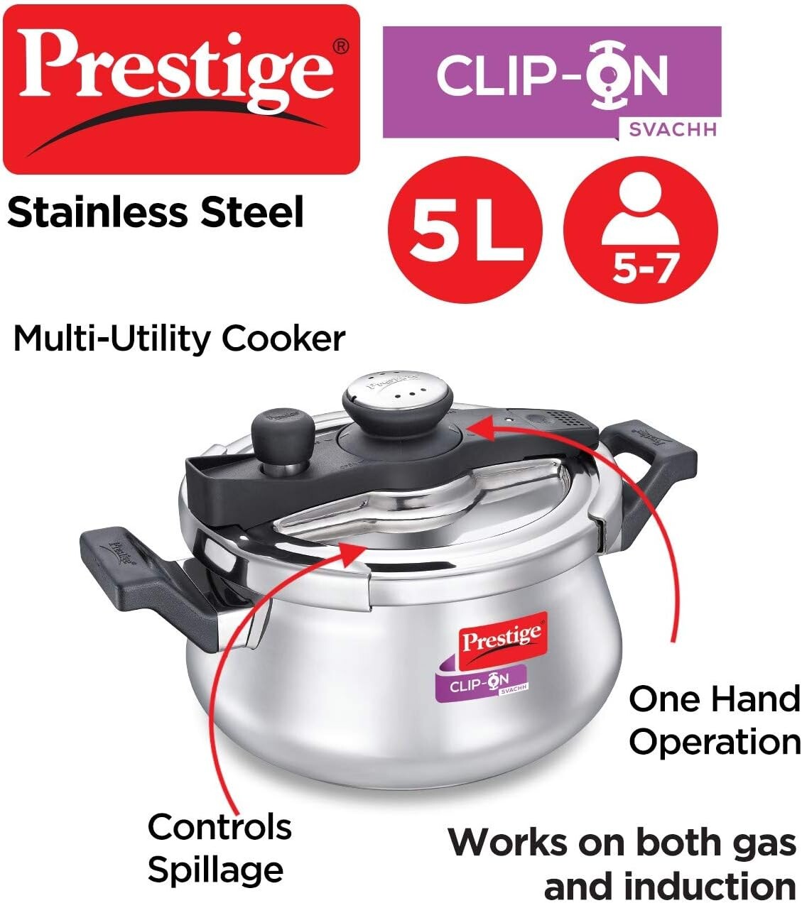 Prestige Svachh Clip-on 5 Litre Stainless Steel Pressure Cooker Handi | MPCH20233