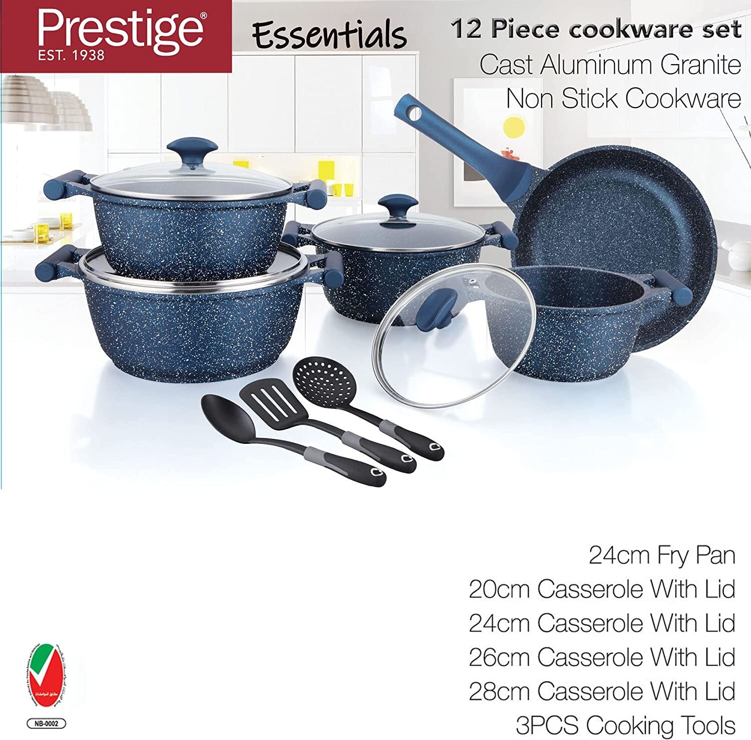 Prestige Essentials Granite 12 Piece Non-Stick Cast Aluminium Cookware sets | Induction Compatible Pots and Pans Set | Blue - PR80966