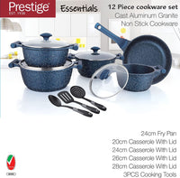 Prestige Essentials Granite 12 Piece Non-Stick Cast Aluminium Cookware sets | Induction Compatible Pots and Pans Set | Blue - PR80966