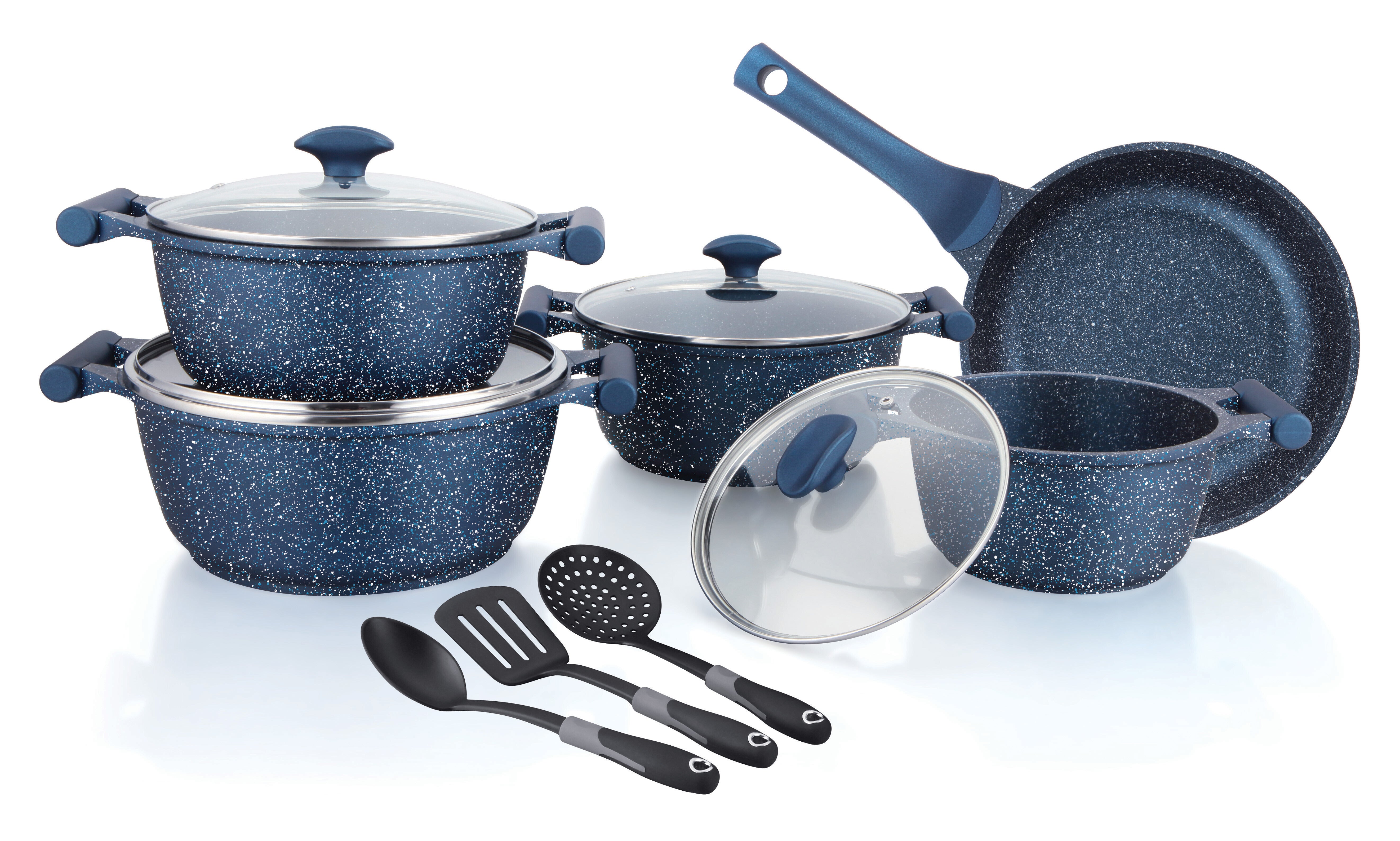 Prestige Essentials Granite 12 Piece Non-Stick Cast Aluminium Cookware sets | Induction Compatible Pots and Pans Set | Blue - PR80966