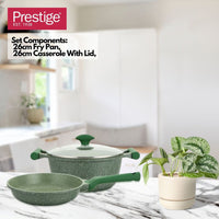 Prestige Essentials Granite Non Stick Set Combo | 26cm Fry Pan + 26cm Casserole With Lid | Induction Cookware Set 2 Pieces | Green - PR80993