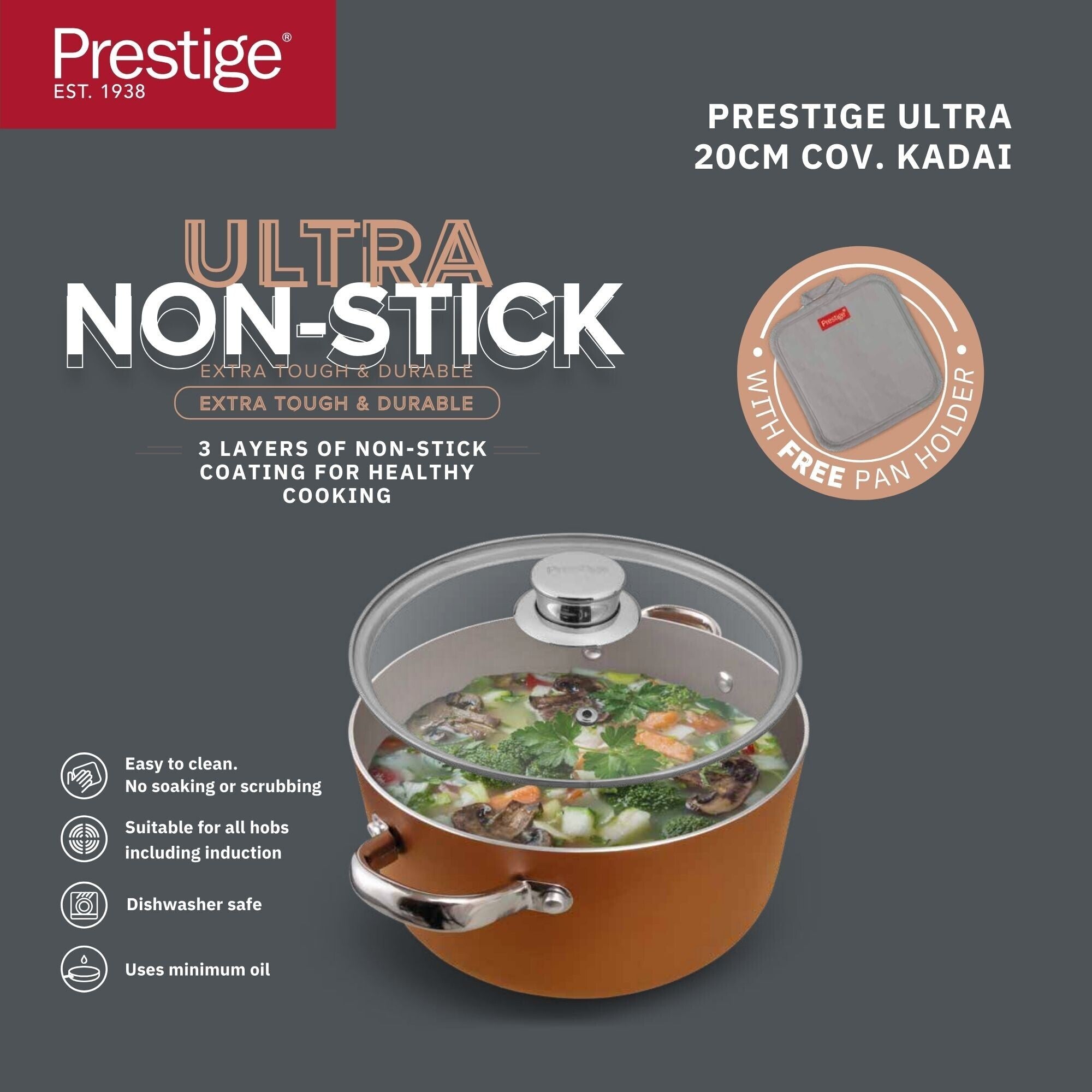 Prestige Ultra Non Stick Casserole with Glass Lid 20cm/2.8L and Complimentary Pan Holder | Induction Based Stock Pot | Non stick Stock Pot with Lid | PR22600