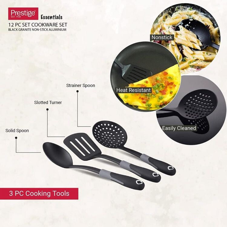 Prestige Essentials Granite 12 Piece Non-Stick Cast Aluminium Cookware sets | Induction Compatible Pots and Pans Set | Black - PR80965