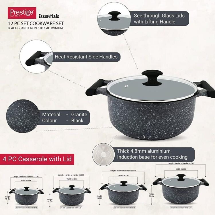 Prestige Essentials Granite 12 Piece Non-Stick Cast Aluminium Cookware sets | Induction Compatible Pots and Pans Set | Black - PR80965