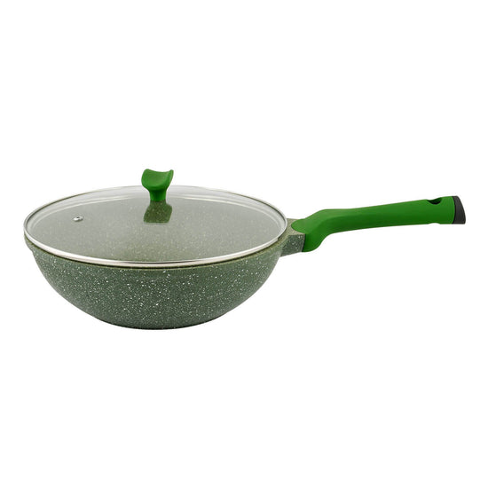 Prestige Essentials Wok Pan 32 Cm | Induction Compatible Non Stick Pan | Granite Coted Cooking Pot | Green - PR81118