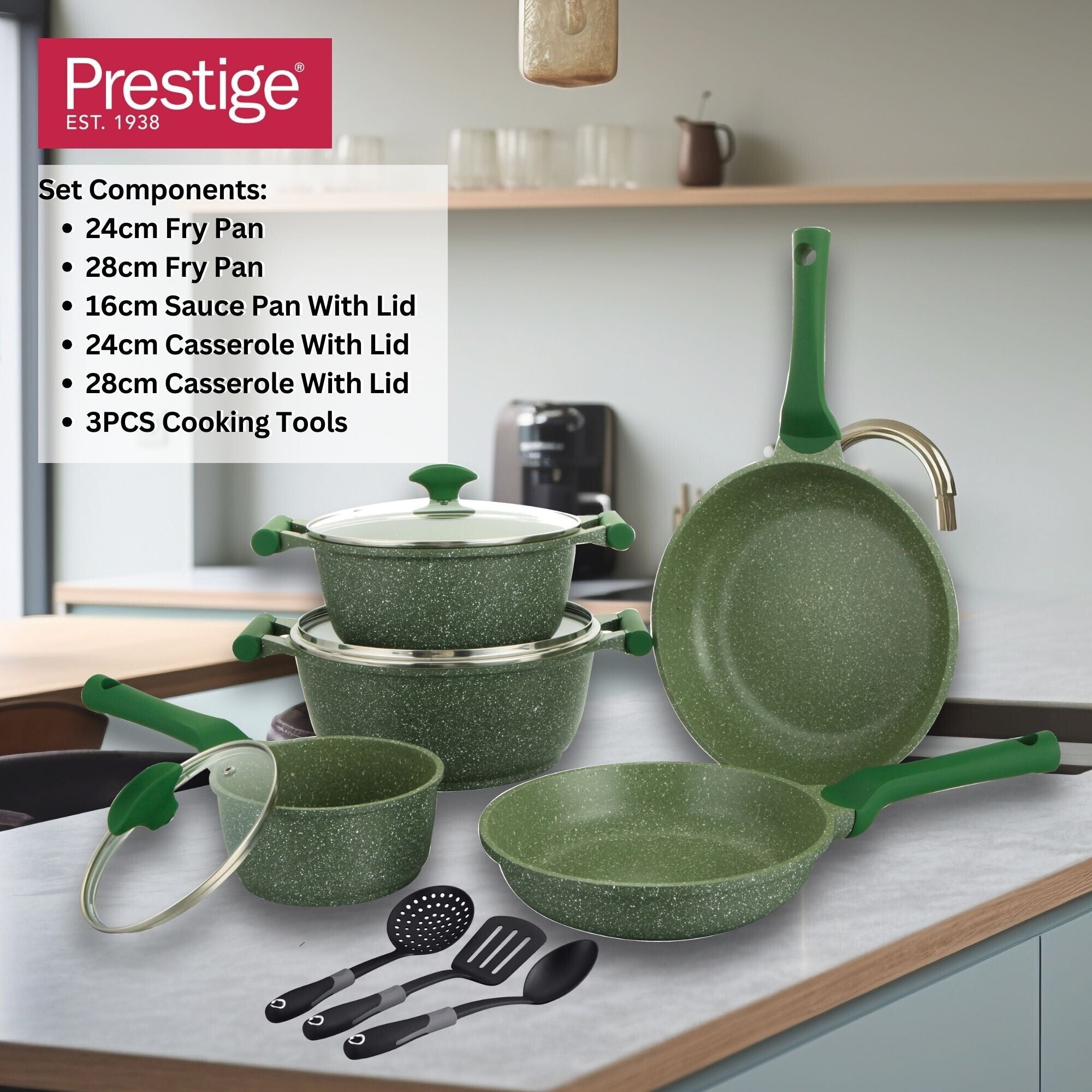 Prestige Essentials Nonstick Pots and Pans Set | Induction Cookware Set 11 Pieces | Non Stick Set Combo | Granite Cooking Set | Fry Pan Non Stick Combo Set | Green - PR80986